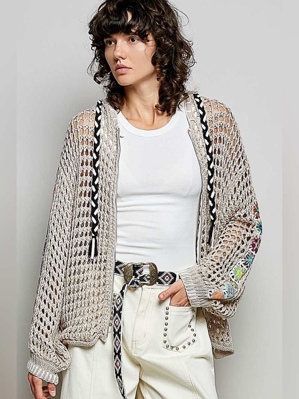 POL Mini Multicolor Granny Square Long Sleeve Crochet Jacket